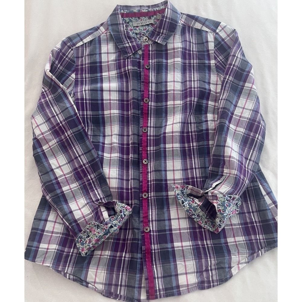 New Nexx York Plaid Button Down Shirt Womens Medium M Purple Floral Trim Cotton